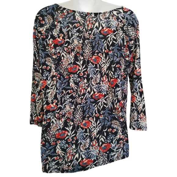 Lucky Brand Boho Floral V-Neck Peasant Top Size M Asymmetrical Hem - Picture 2 of 12